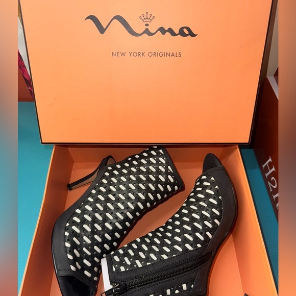 Nina Black and White Open-Toe Heeled Boots - Picture 8 of 8